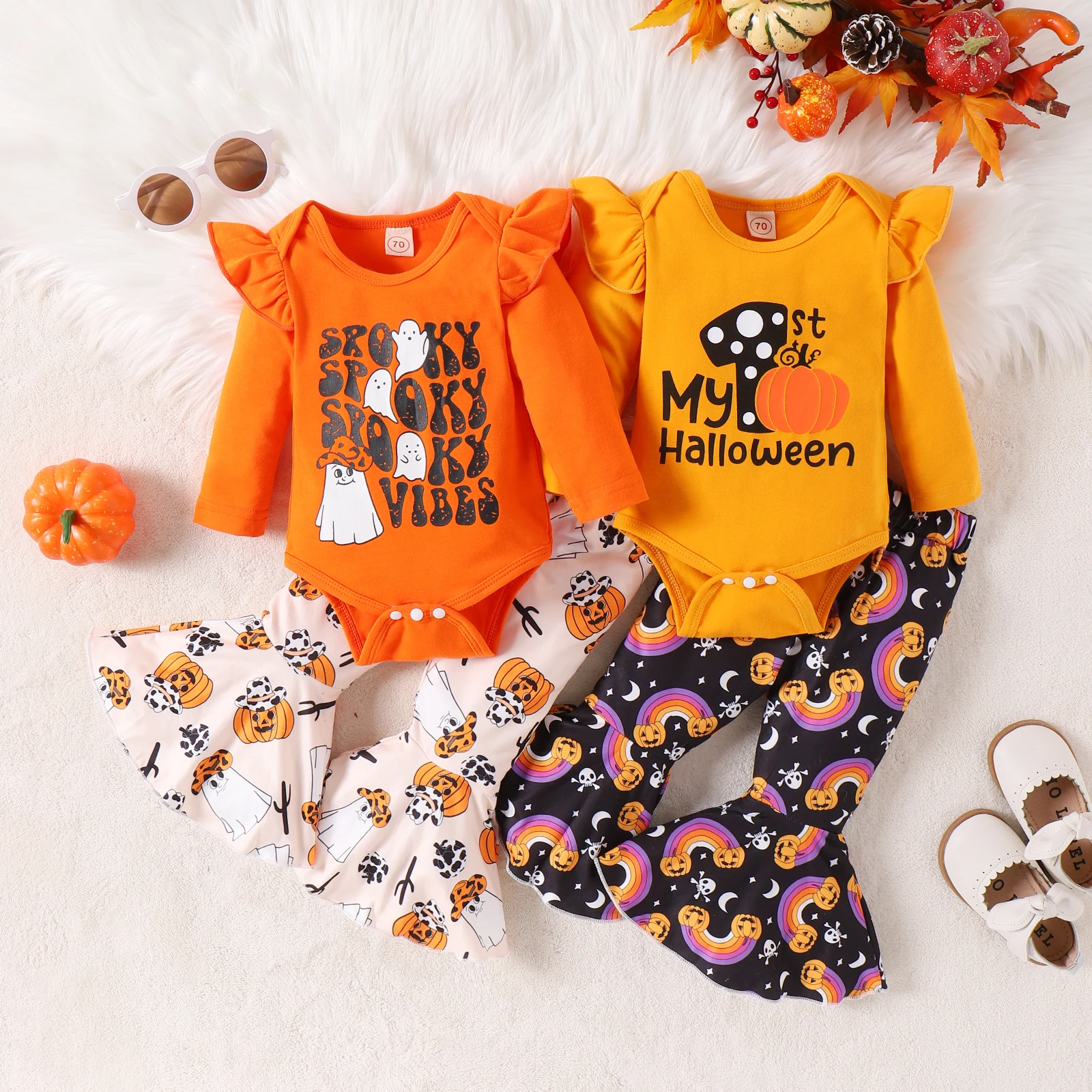 

2023-06-17 Lioraitiin 0-24M Infant Baby Girl Fall Outfits Letter Print Long Sleeve Rompers Pumpkin Skull Ghost Print Flare Pant