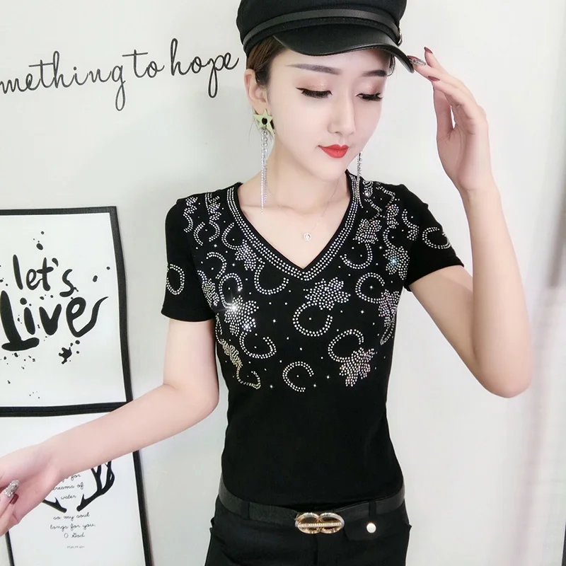 #7147 Đen Spliced Lưới Áo Thun Nữ Tay Ngắn Nữ Cổ Chữ V Kim Cương Gợi Cảm Câu Lạc Bộ Skinny Áo Thun Khoét Hở Áo Thun femme Mùa Hè