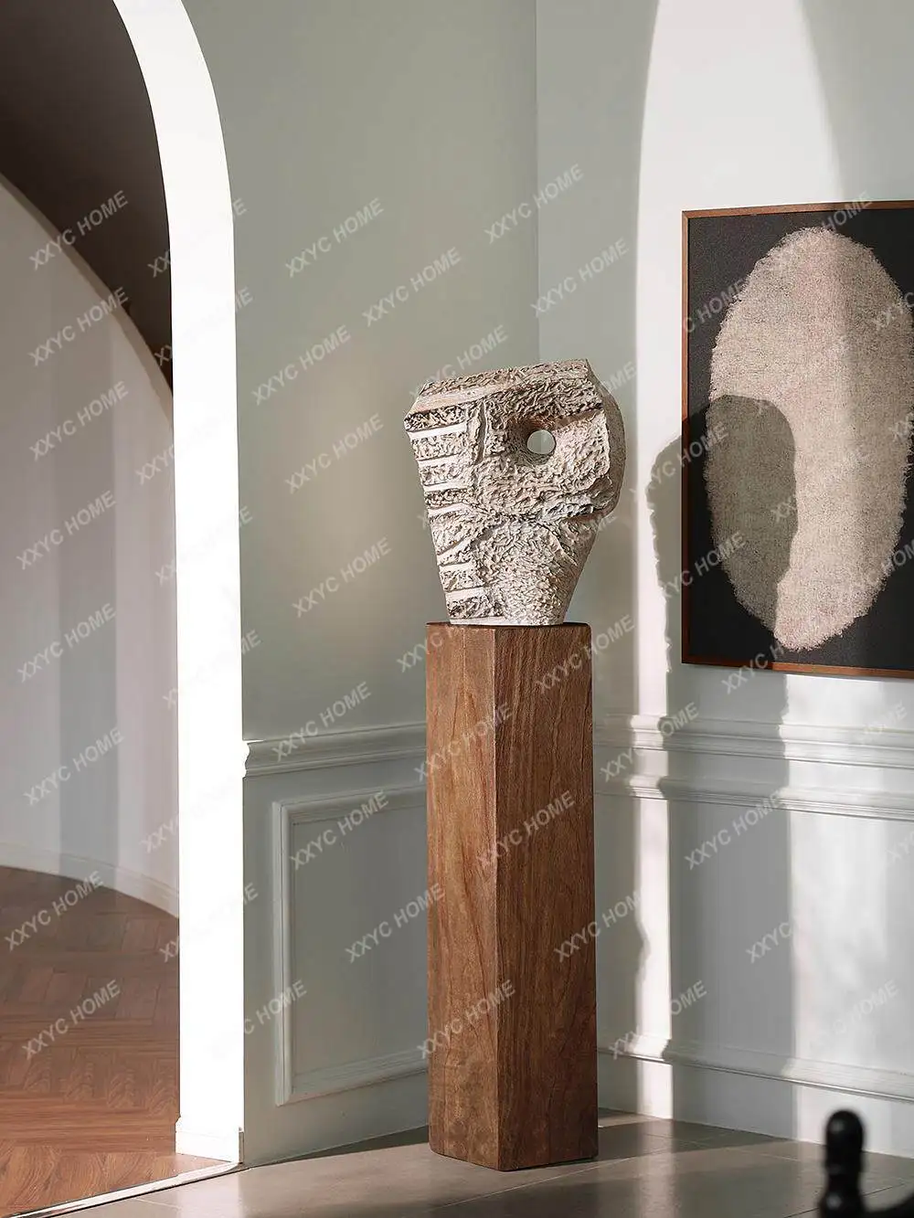 Medieval style sculpture installation, solid wood pier base ornament