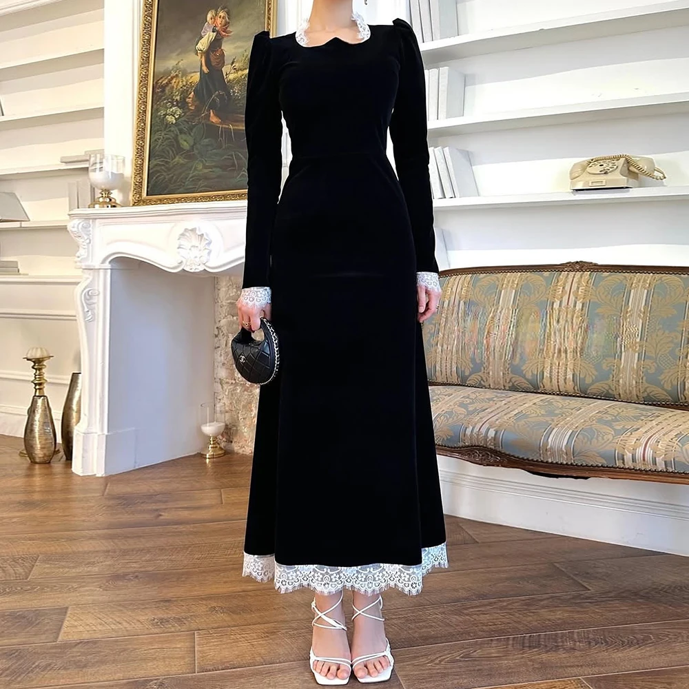 Customized A-line Evening Dresses Tea-length High-neck Full Sleeve Prom Gown Fashion Lace Simple Draped Casual Party Gown