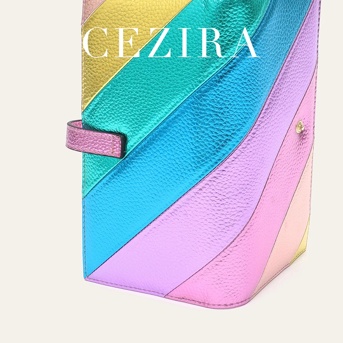 CR Ladies Metallic PU Vegan Leather Long Bifold Wallet Colorful Stripes Patchwork Card Slots Cash Purse Button Closure Fashion D