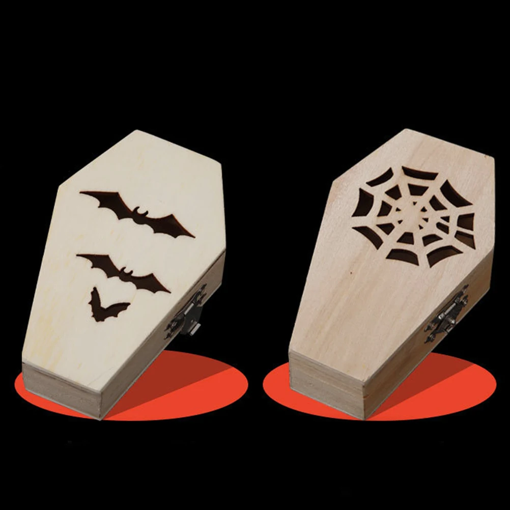 2 قطعة صندوق خشبي صغير لم تنته التابوت علبة مجوهرات القوطية نمط الخفافيش ويب انقطاع تخزين لمهرجان حفلة كاندي حلقة القرط