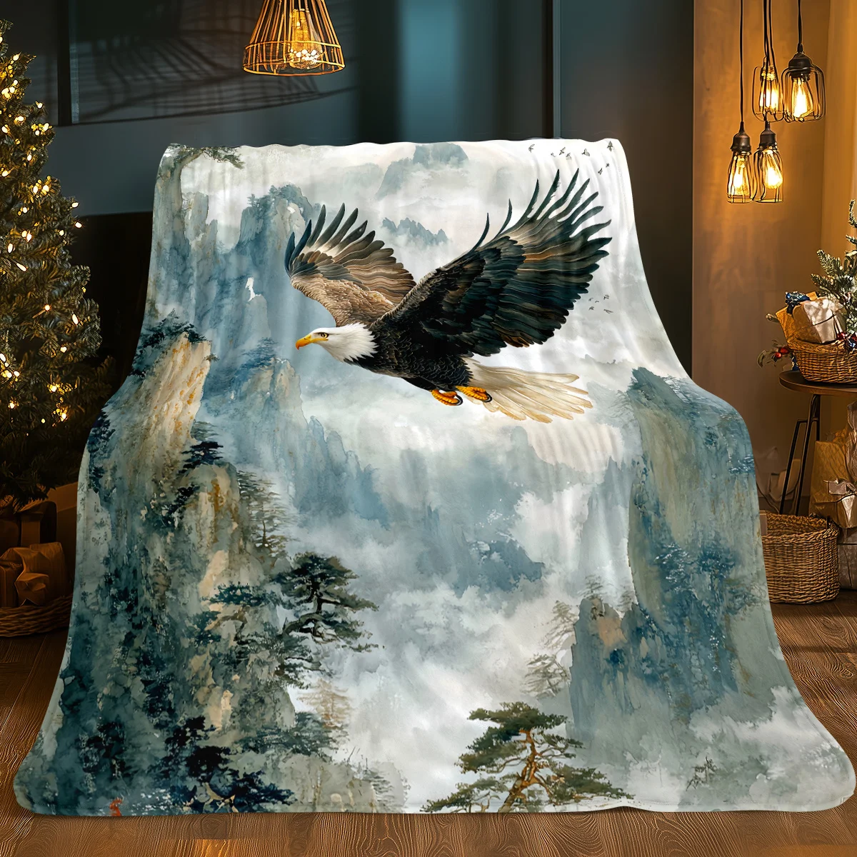 1pc Majestic Eagle & Lone Wolf Forest Print Flannel Throw Blanket - Soft, Warm Polyester Fleece, Lightweight & Portable for Sofa