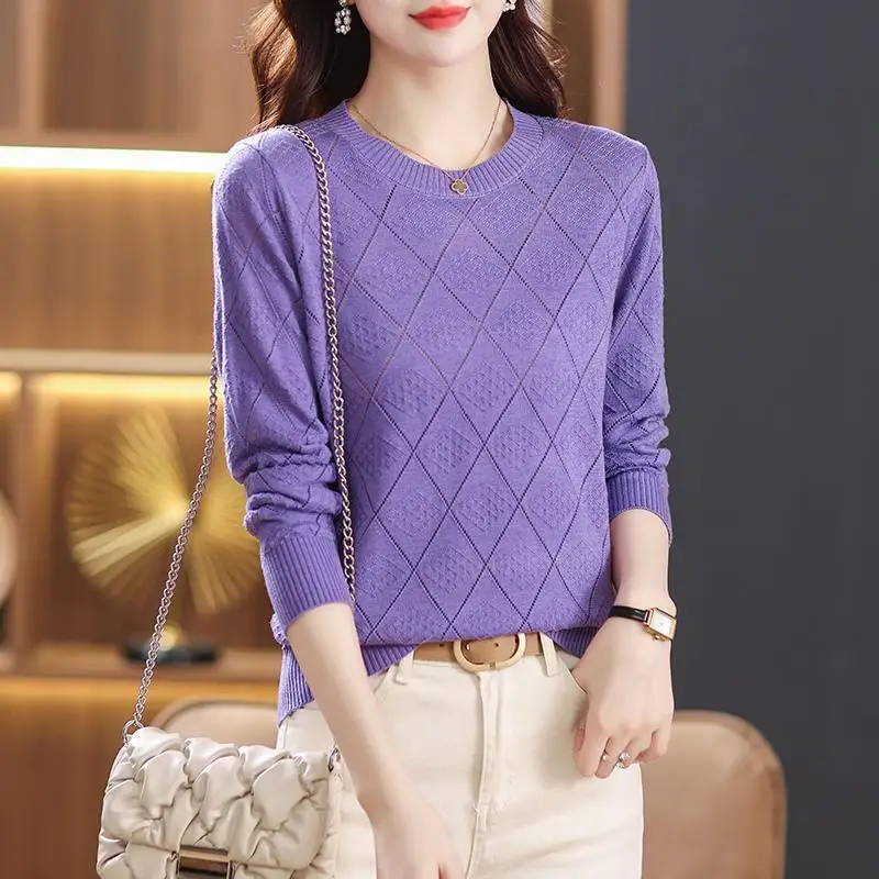 Women Korean Style Simple Casual Hollow Jacquard Knitwear New Spring Autumn Elegant Long Sleeve All Match Knitted Sweater Jumper