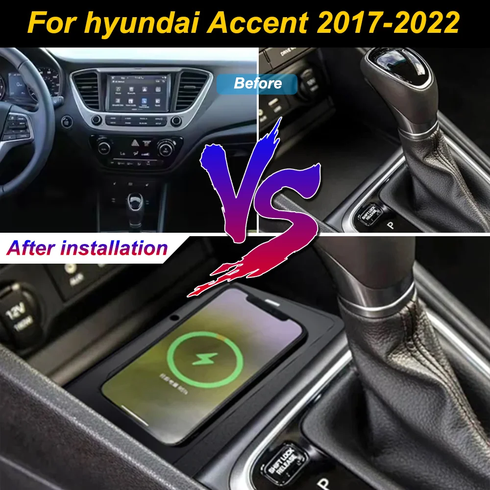 2Din for hyundai Accent 2017-2022 Car Wireless Mobile Phone Charger Center Console Storage 18W iphone fast charge plate holder