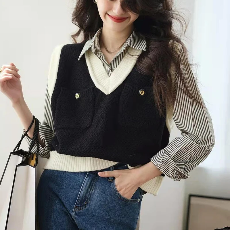 Spring Autumn New Contrast Color Fashion Sleeveless Sweater Vest Women High Street Casual Fashion Button Pullovers Elegant Tops