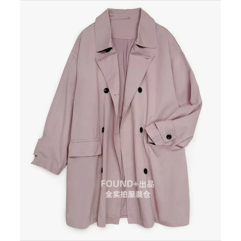 SuperAen Retro Washed Cotton Khaki Double-breasted Trench Coat for Women Mid-length Loose 2026 Autumn New Korean Style Tops