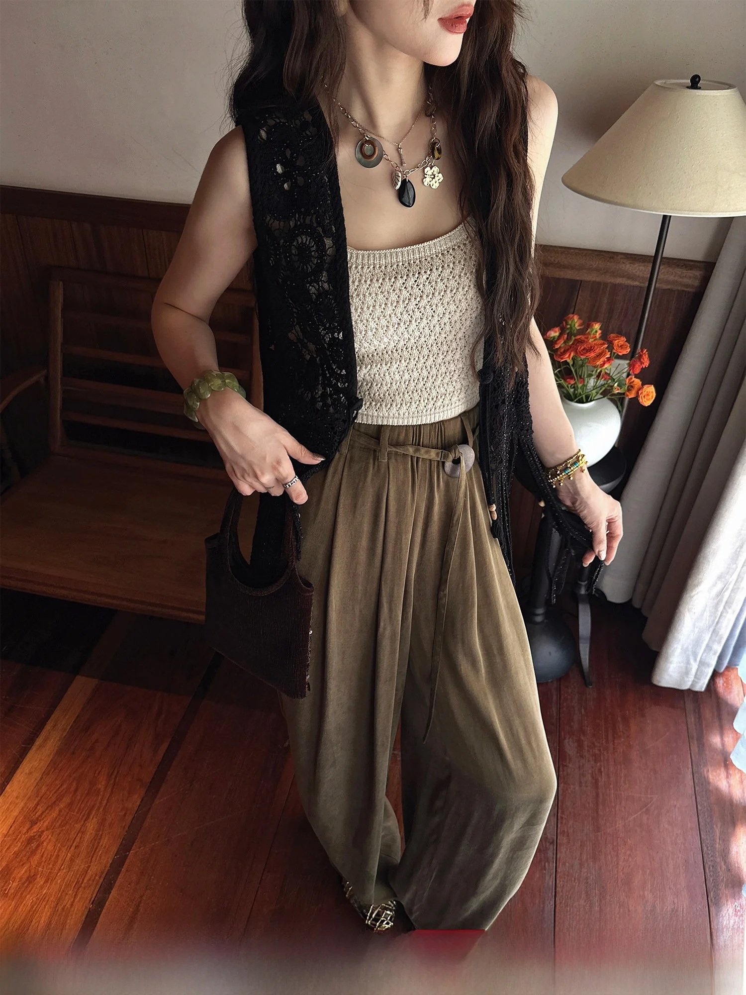 

Sanji Bla Flower Copper Ammonia Wide Leg Pants Straight Cut Thin Model Casual Trousers for Women Summer 2025 Faion