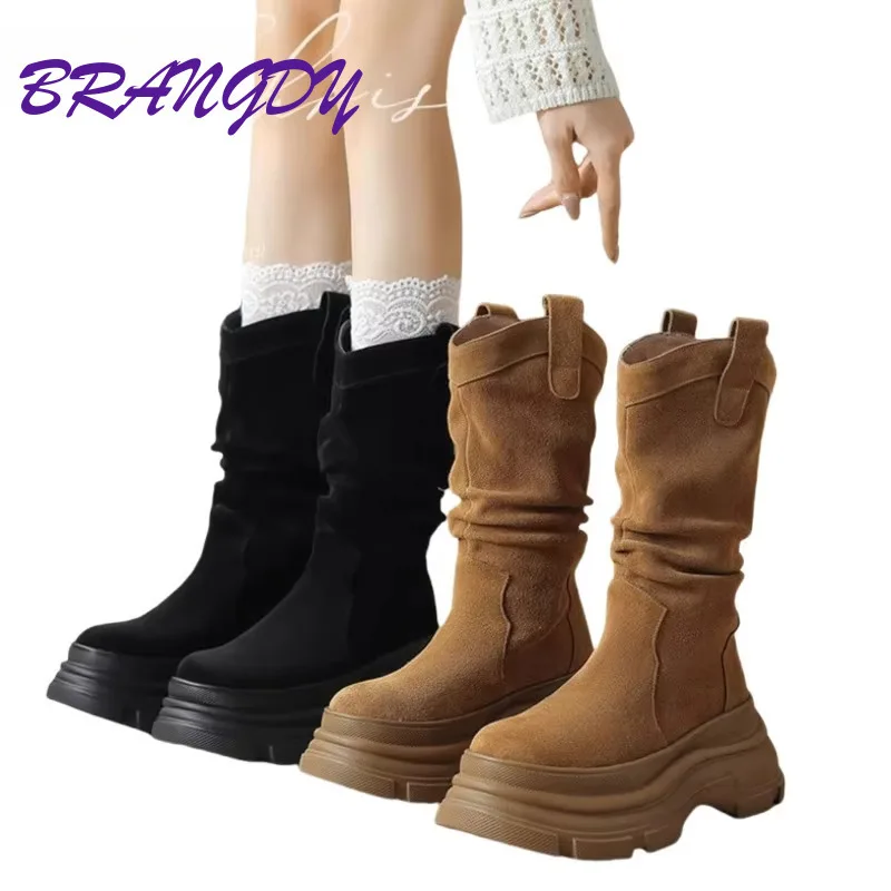 BRANGDY  Autumn And Winter Thick Soled Waterproof Taichung Boots For Women, College Style Super High Heels Mid Top Boots