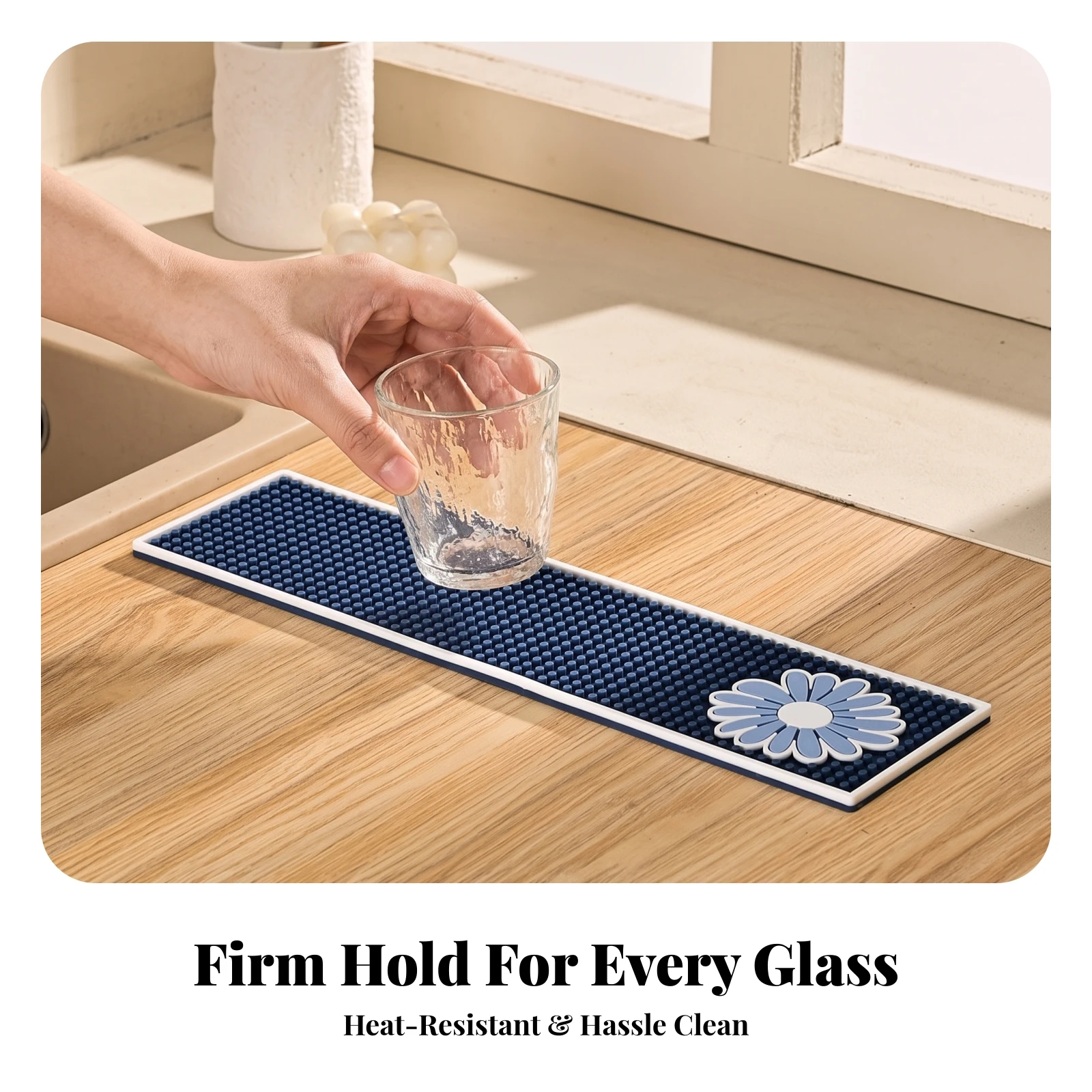PVC Catch Mat with Dimpled Surface Space-Saving Spill Mat with Flower Motif Low-Height for Kitchen Counter, Coffee Bar
