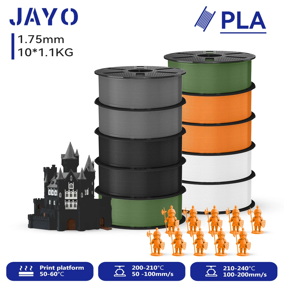 JAYO 10 Rollen 3D PLA Druckerfilament 1,75mm, ungiftig & blasenfrei, PLA-Kunststoff als 3D-Druckfilament für 99% der 3D-FDM-Drucker & -Stifte, 1,1KG/Rolle