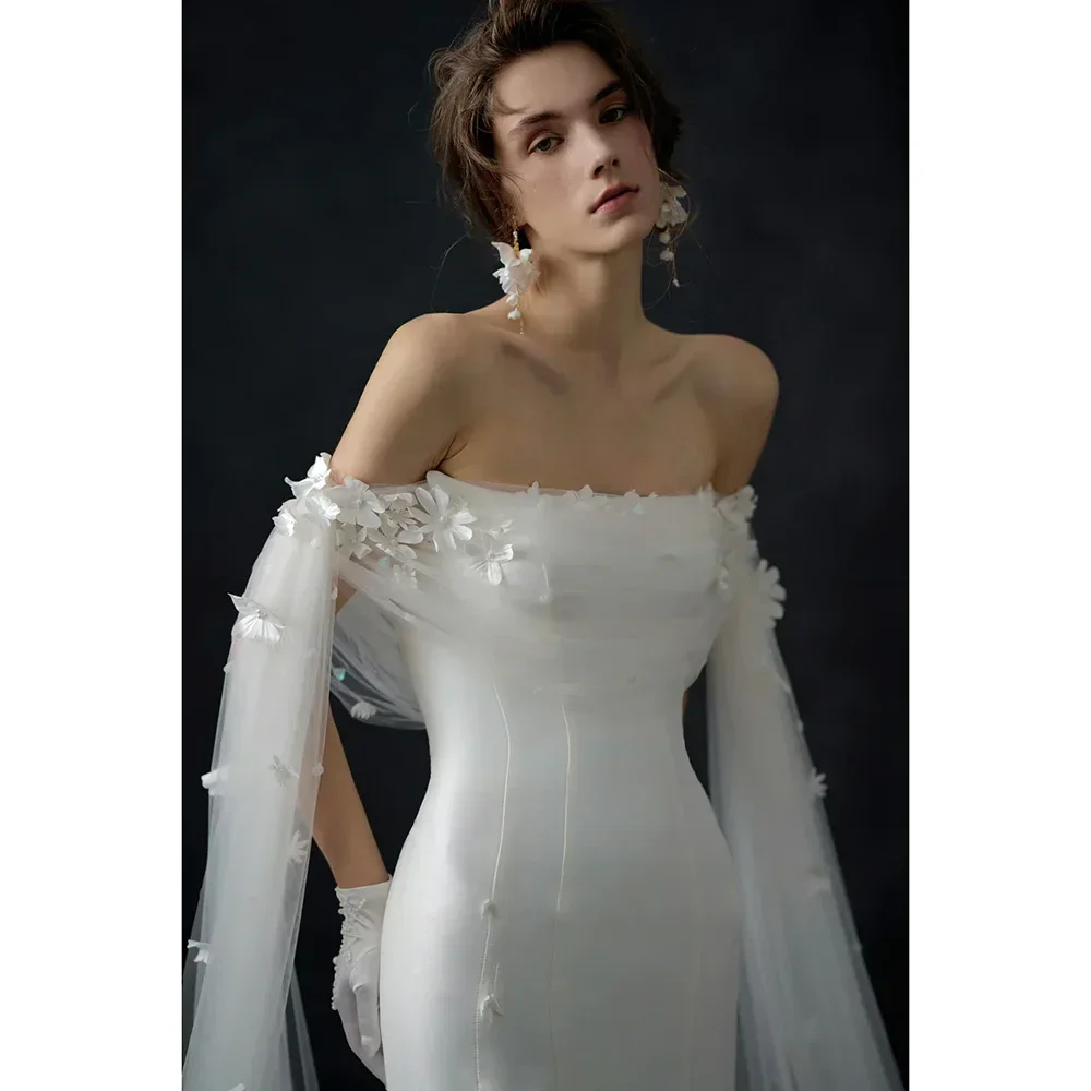 Lindo sem alças vestidos de casamento florais branco moda 3d flores até o chão vestidos de sereia elegantes vestidos de noiva com fenda lateral