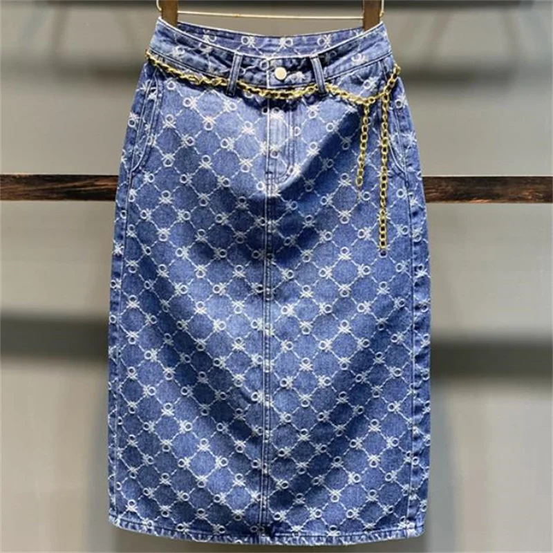 

Blue denim skirt women's straight new slit fashion diamond lattice high waist long A-line skirt