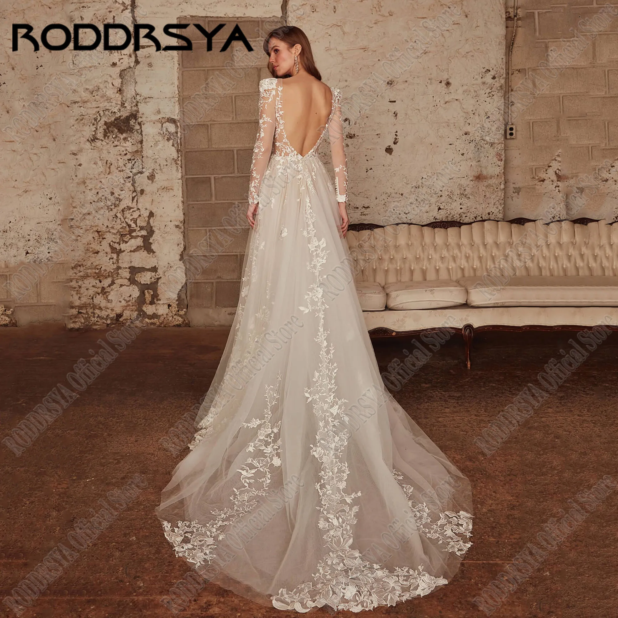 RODDRSYA gaun pernikahan lengan penuh 2025 V leher Backless Applique renda vestidos de novia menyapu kereta Tulle gaun pengantin disesuaikan