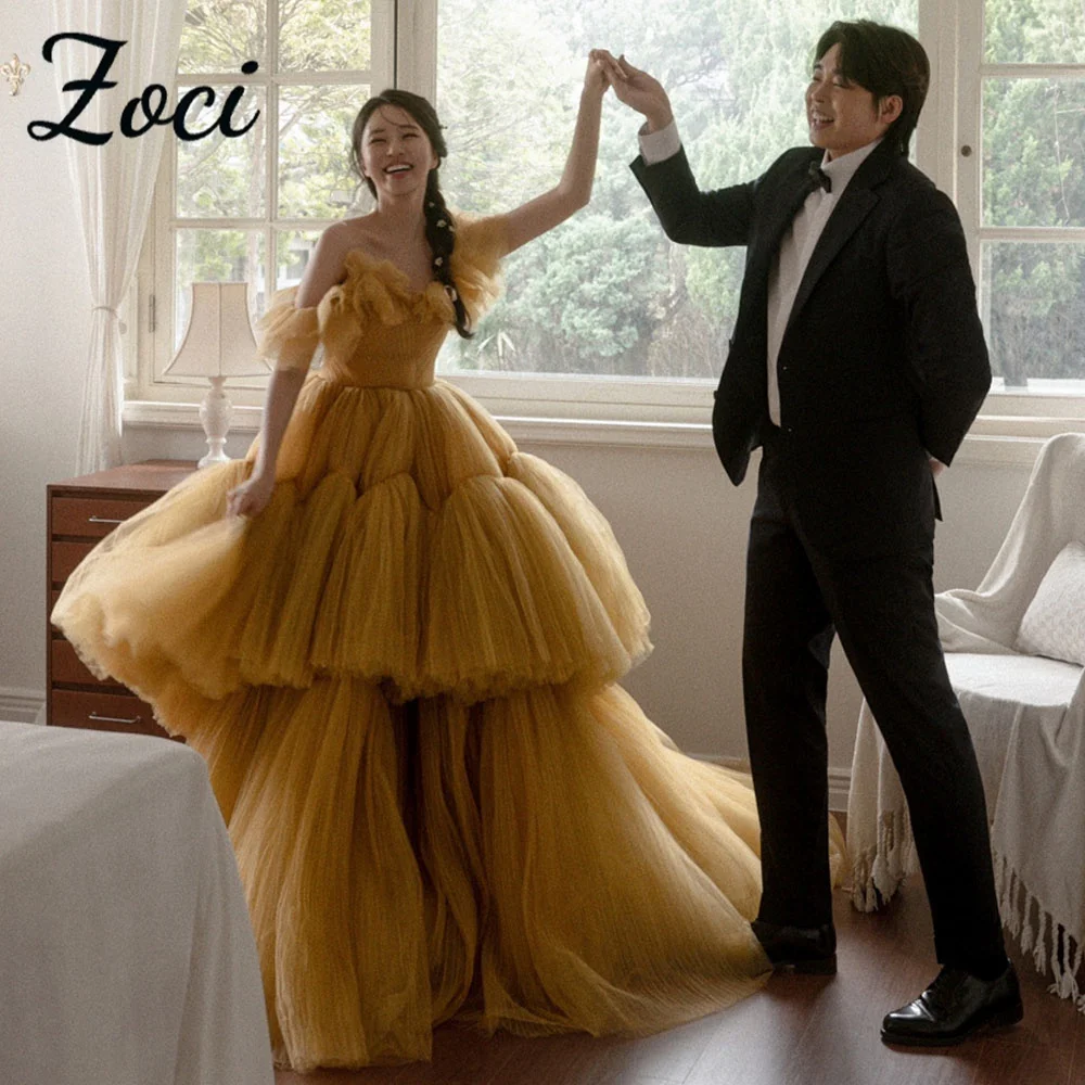 

Zoci Luxury Lemon Yellow Korea Evening Dresses Tiered Wedding Photo Shoot Dress Strapless Customized Off Shoulder Formal Gown