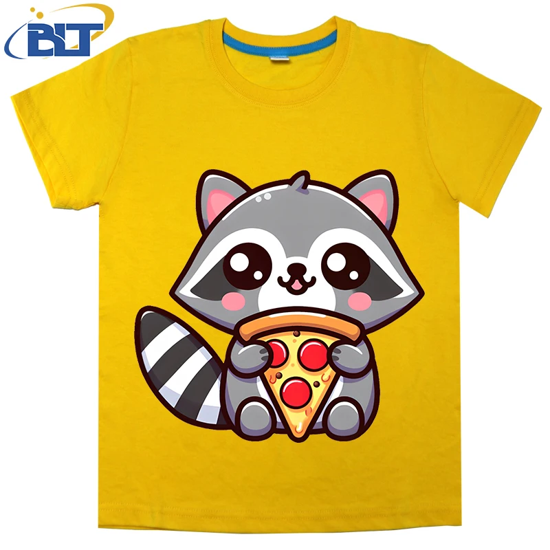 Pizza Raccoon printed kids T-shirt summer pure cotton short-sleeved casual top suitable for both boys and girls