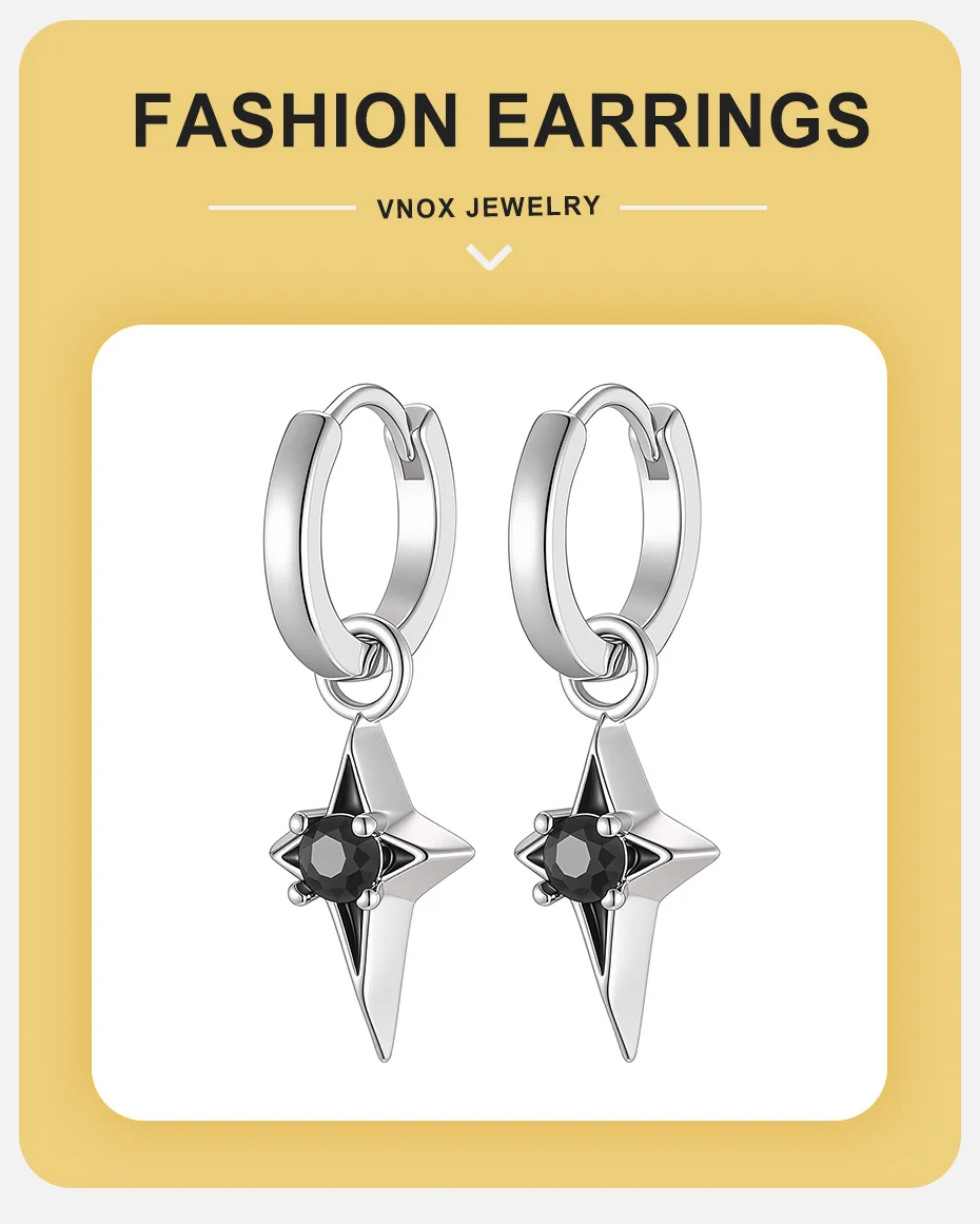 Vnox Herren-Creolen, Kupfer 4-zackiger Stern-Ohrhänger mit schwarzem Zirkon, Punk-Ohrschmuck für den Alltag, Partygeschenk, Neu – Detail 1