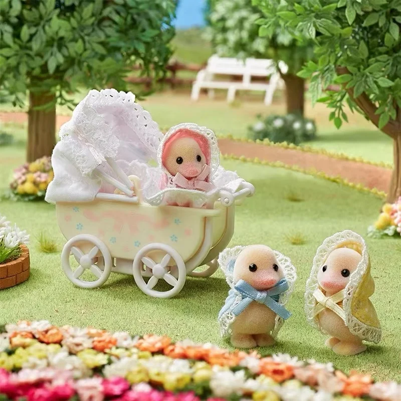 New Sylvanian Families Anime Figures Cute Duck Baby Triplet Stroller Set Room Decoration Toy Ternurines Action Figures Toys Gift