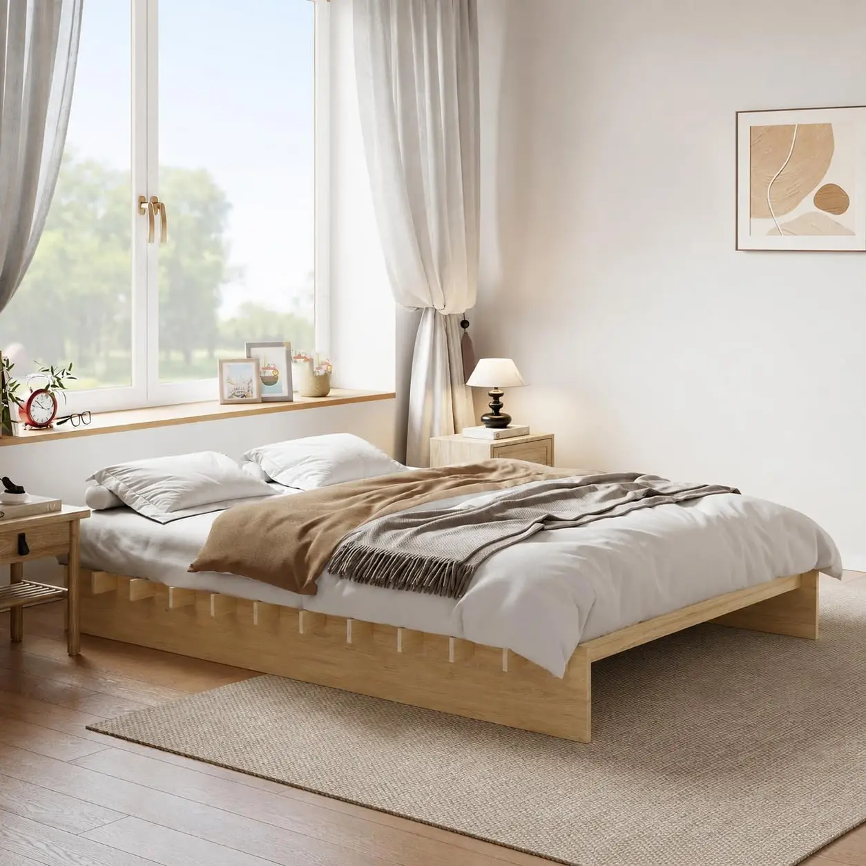 Japanese Joinery Wood Platform Bed Frame, Birch Plywood Silent Pads Hardwood Slats Anti-Squeak Quiet Support, Customized