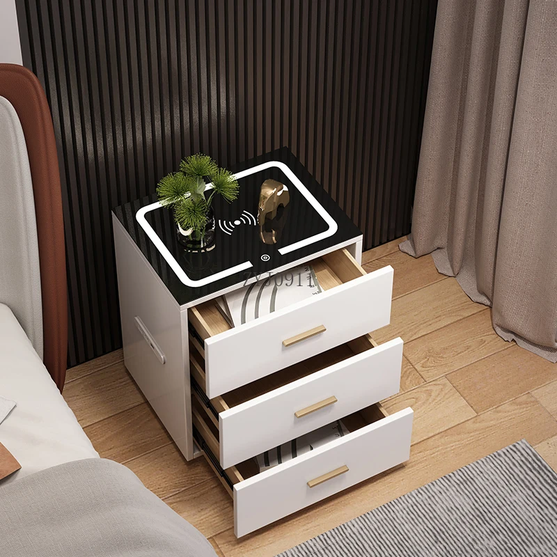 طاولة بجانب السرير ذكية ذات صمام ثنائي باعث للضوء باللون الأبيض شديد اللمعان مع 3 أدراج وشحن لاسلكي لأثاث غرف النوم #5