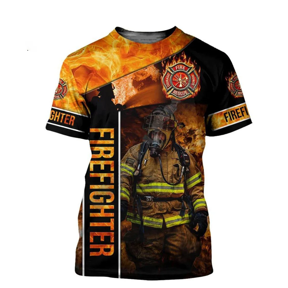 Fashion Summer Men's T-shirt Fireman O Collar Quick Drying 3D Print Short Sleeve Tough Guy Style Trend Harajuku Large Size Top