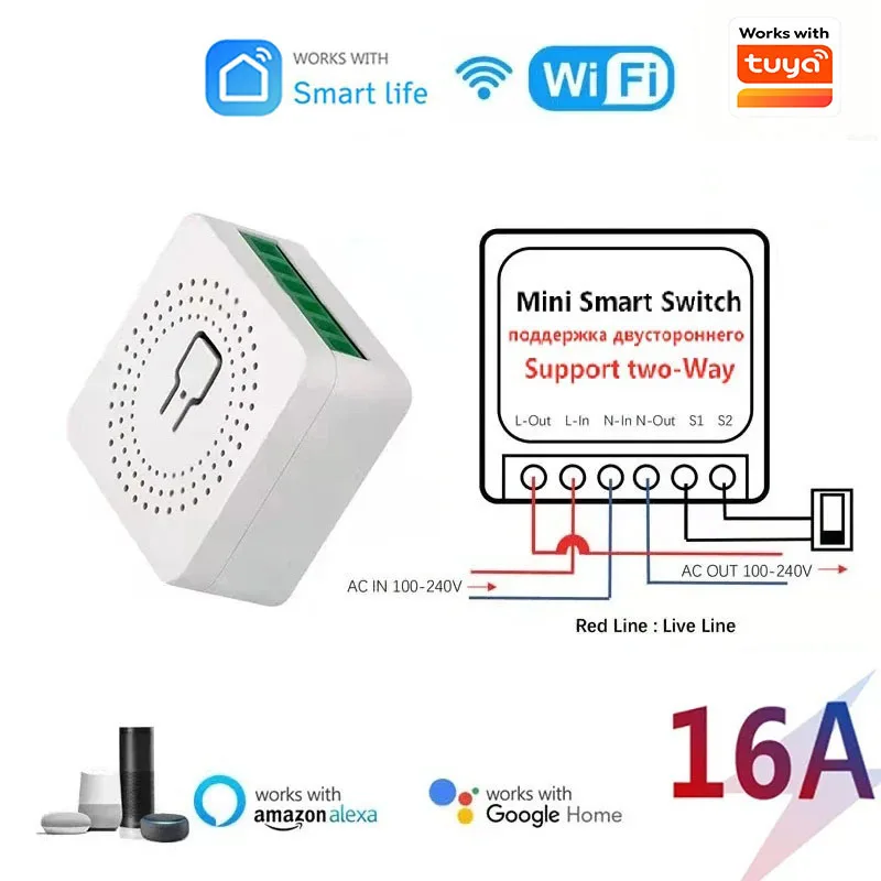 Mini 16A WiFi Switch Work With Smart Life App 2 Way Control Smart Home Automation Module Interruptor Work for Alexa Google Home