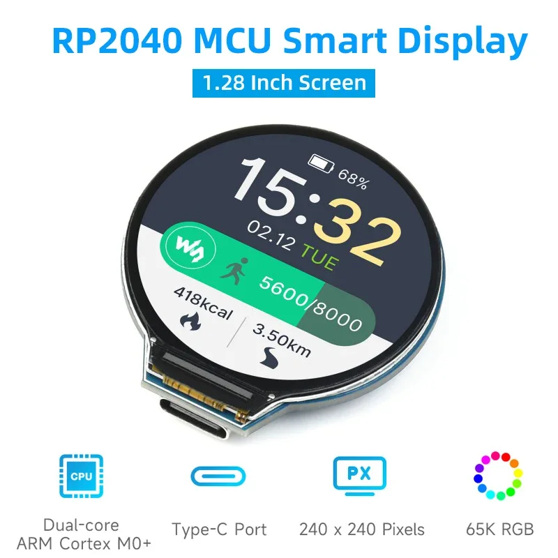 Placa MCU RP2040 con LCD redondo de 1,28 pulgadas, 65K RGB, Base en Raspberry Pi RP2040, puerto USB C, Sensor giroscópico de acelerómetro