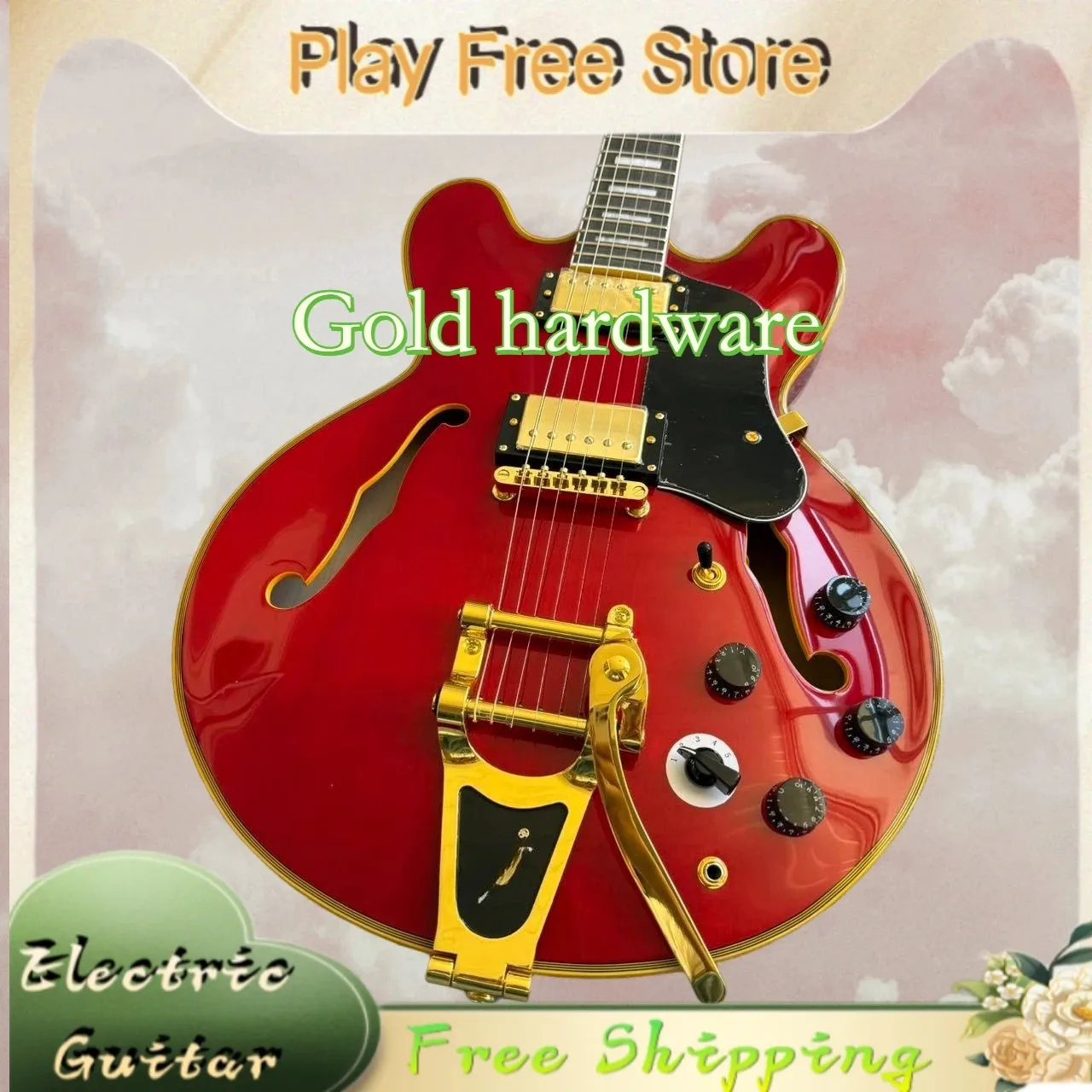 Transparent Red ES-335 Jazz Hollow Electric Guitar Big Tremol System HH Pickup Beginner Advanced Jazz Yellow Edging