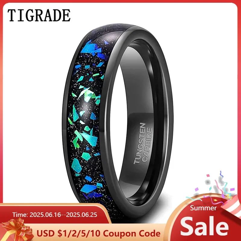 

TIGRADE 4/6mm Mens Tungsten Wedding Rings Galaxy Created-opal Inlay Wedding Bands for Women Black Sand Two Tone Polished Comfort