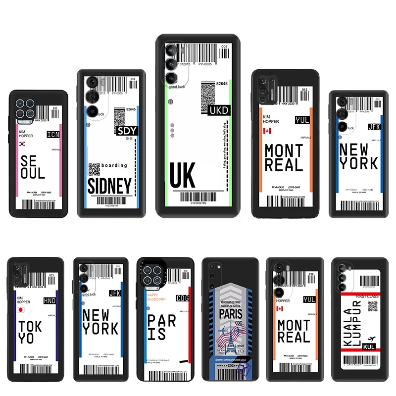 Black Soft Phone Case for Motorola G32 G50 G51 5G G60 G71 G22 G52 G72 G53 G73 Moto G9 TOKYO SIDNEY UK Travel Ticket Label Cover