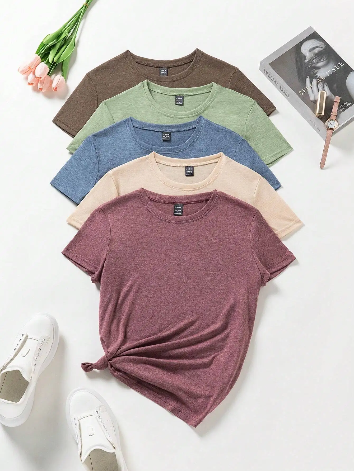 

Женская повседневная футболка с коротким рукавом и круглым вырезом, однотонная, для лета, с укороченным низом на завязках