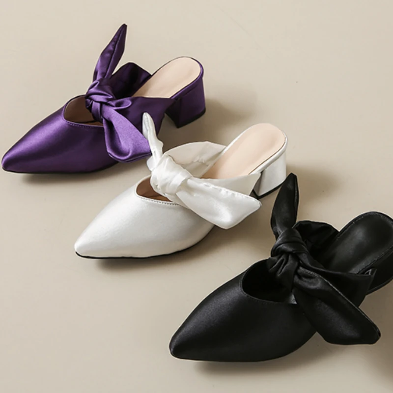 

Pointed Toe Bow Slippers Women High Heels Sandals Mules Shoes 2025 Summer New Sexy Slingback Flip Flops Sexy Pumps Mujer Zapatos