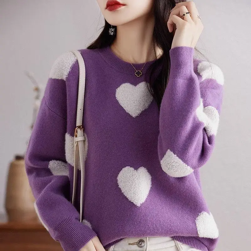 Women's Autumn Winter Solid Round Neck Colored Plush Geometric Pattern Long Sleeve Sweater Knitted Casual Loose Undershirt Tops