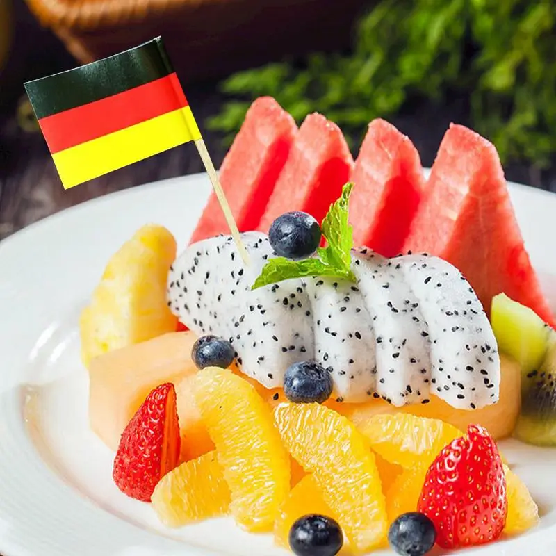 100Pcs Food Sticks Germany Flag Cupcake Toppers Mini American Flags on Stick Wood Cocktail Skewers Party Decoration Supplies