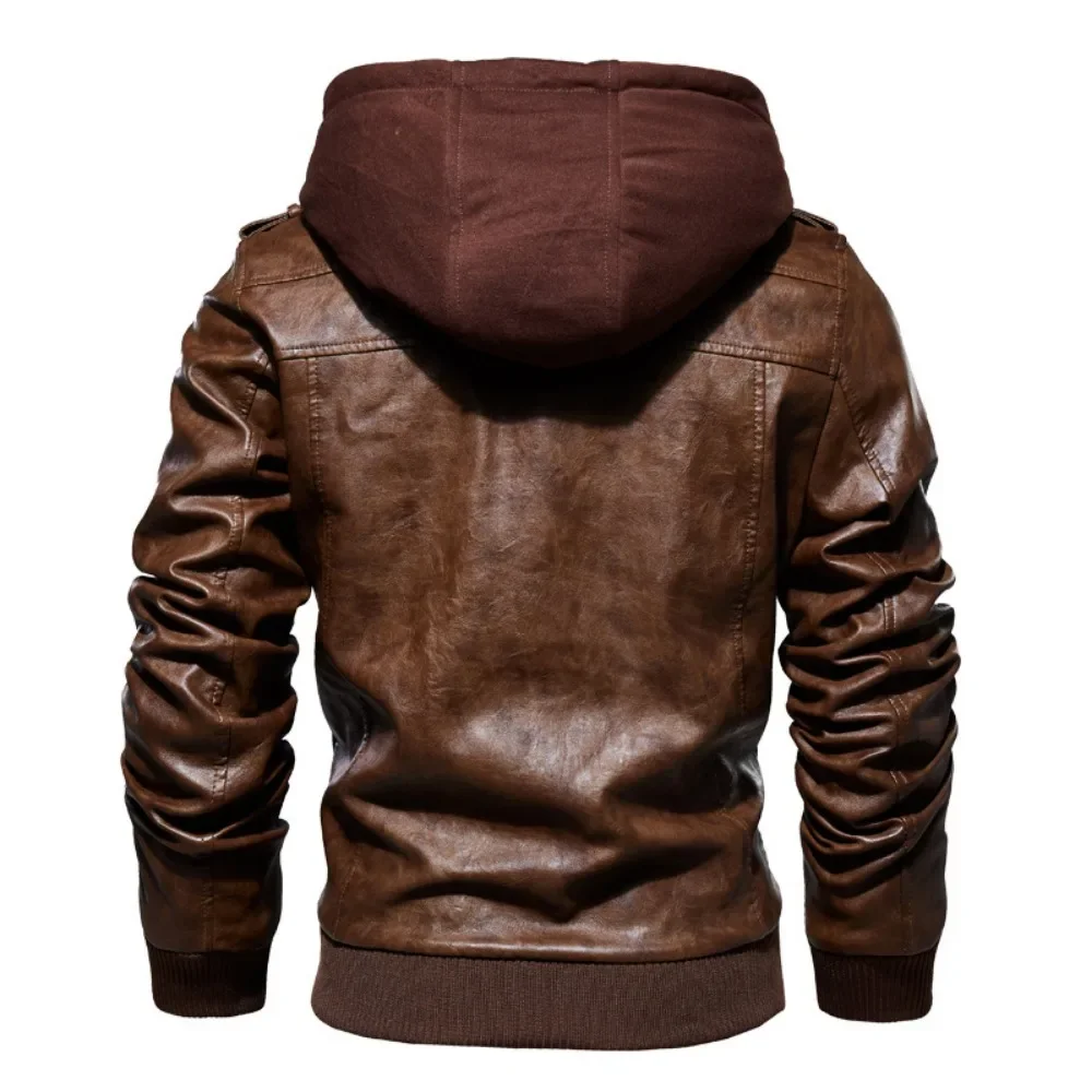 New Style Spring Antumn Men Brown Leather Motorcycle Jacket with Removable Hooded Male PU Jacket Coat EU Size High Quality