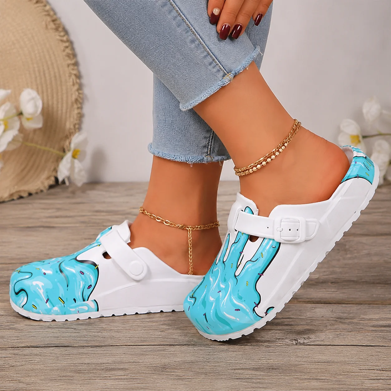 Women's EVA Mules Colorful Drip Print Closed Toe Slip On Shoes with Adjustable Buckle for Casual Everyday Wear