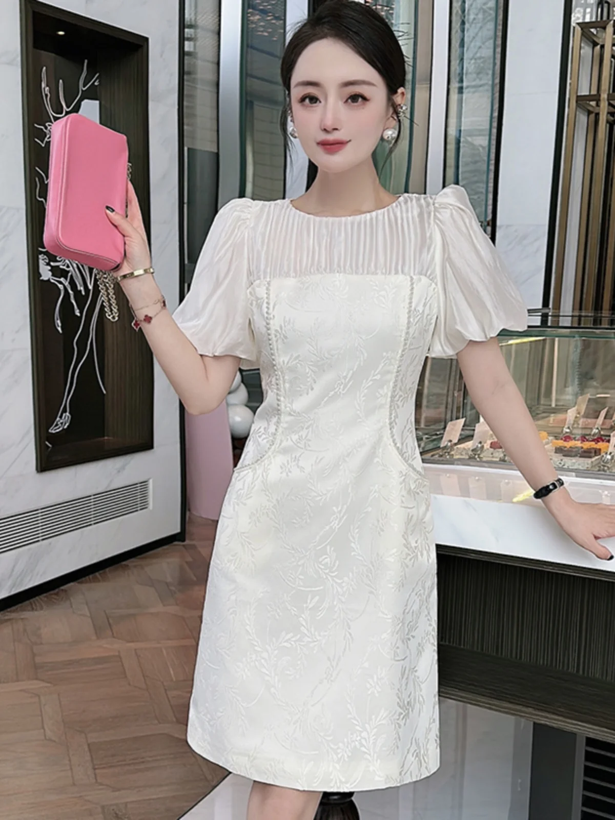 

White High Waist A-Line Dress with Bubble Sleeves And Pearl Embroidery Elegant Summer New Arrival by Kevin&Zhen