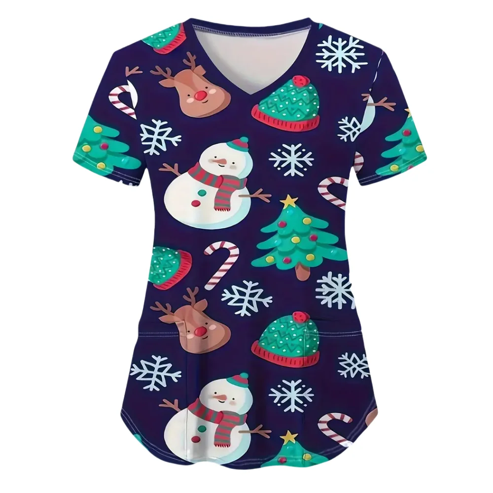 Christmas Surgical Uniforms Woman Cartoon Pattern Print Health Care Nurse Tops V-Neck Short Sleeve Dental Clinical Uniform Woman