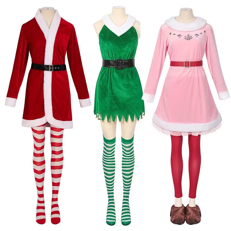 

Christmas Santa Claus Cosplay Costume Uniform Elf Fancy Velvet Dress Winter Red Green Plush Set Women Suit Sexy Xmas Party Maid