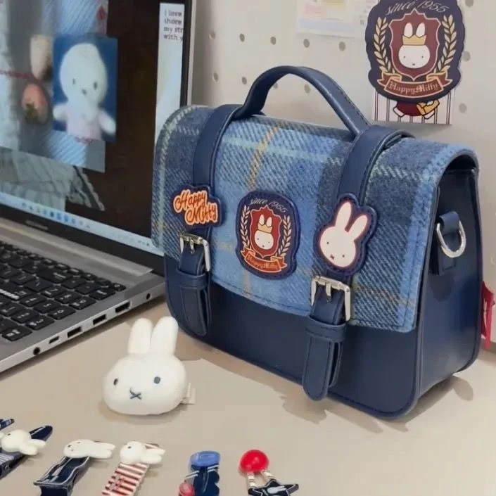 Anime Miffy Preppy Style Portable Crossbody Bag Flip Cover Cambridge Bag New Style Retro Leisure Cute Bag Lovely Kawaii Sweet