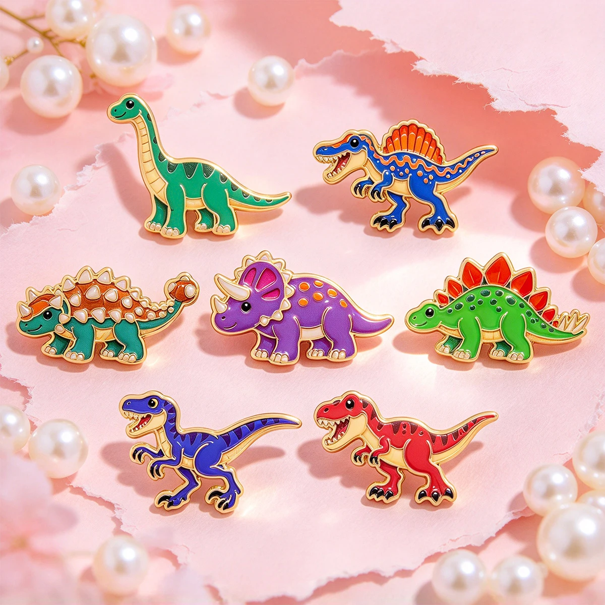7pcs/Set Cute Dinosaur Enamel Pin Colorful Triceratops Spinosaurus Brooch Lapel For Backpack Hat Badges Jewelry Friends Gifts
