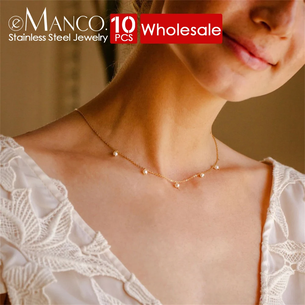 eManco 10PCS Stainless Steel Tassel Imitated Pearl Choker Necklaces For Woman Girls New Fashion Handmade Short Chain Jewelry