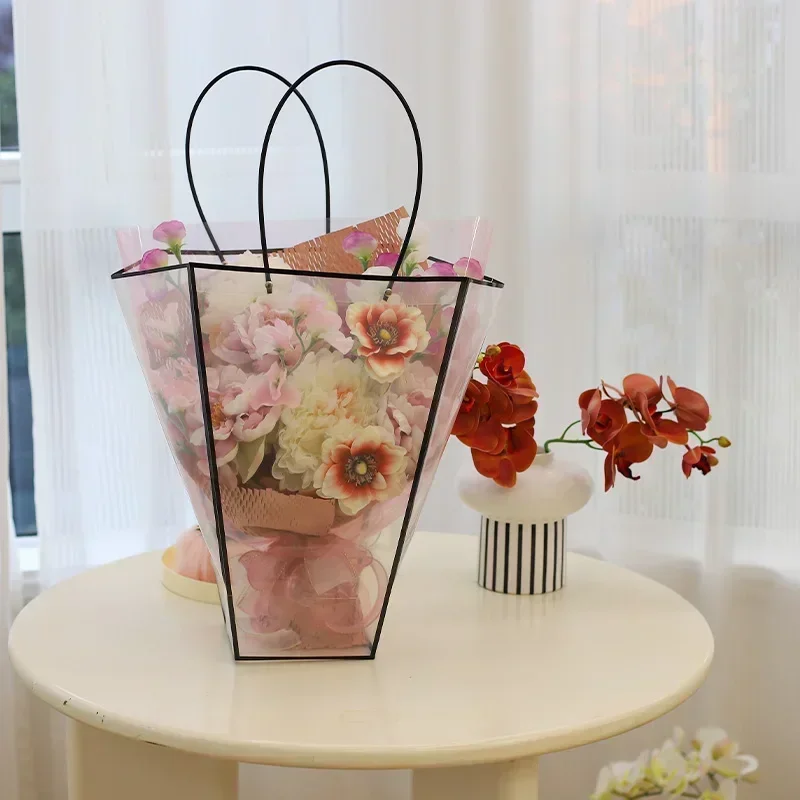 10pcs Frame Trapezoidal Tote Bag Flowers Bouquet Packing Plastic Bag Transparency Waterproof Valentine's Day Party Gift Storage