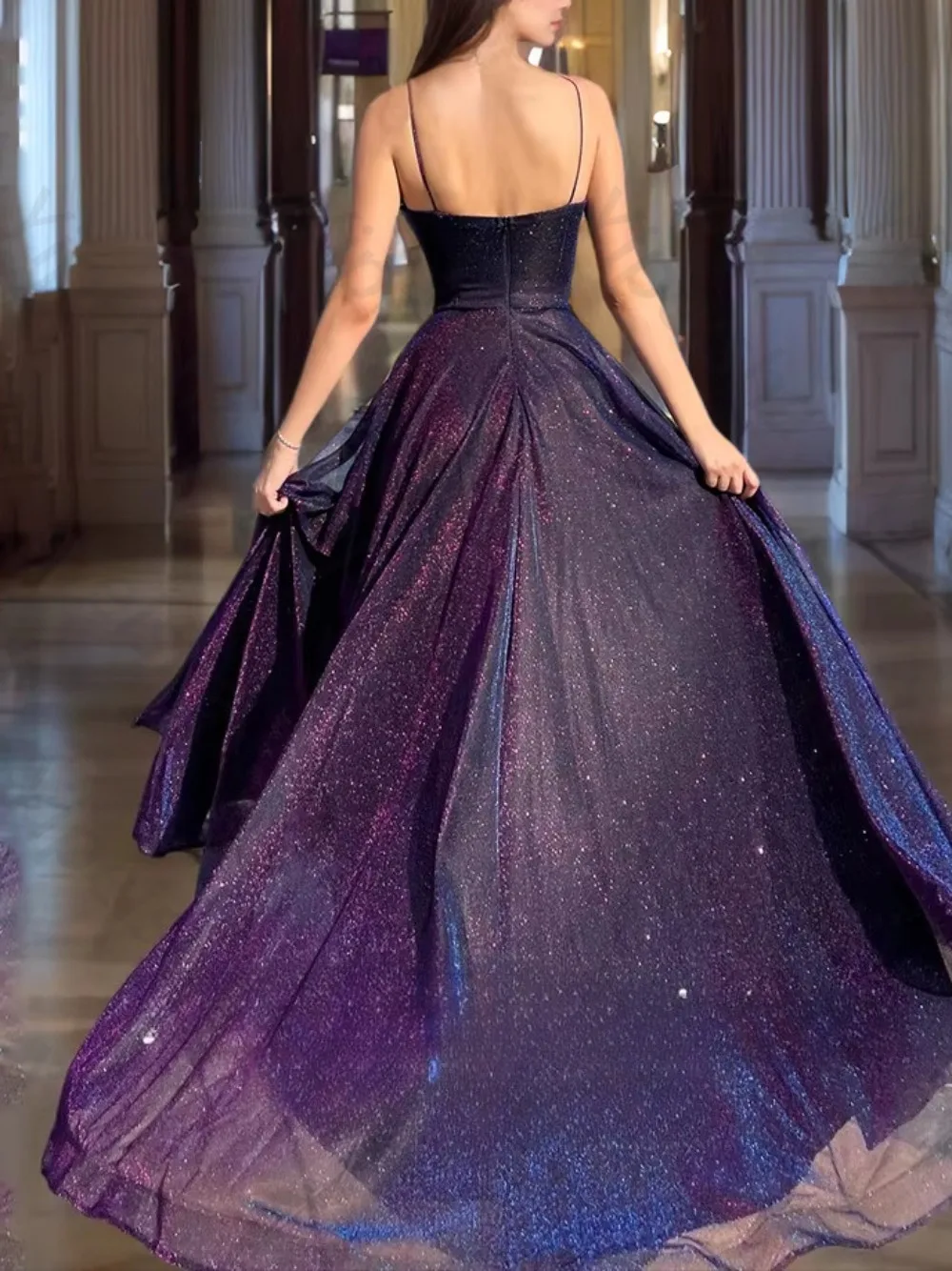 Customized Purple Gradient Sequined Evening Dress Sweetheart Spaghetti Straps Sparkly Tulle Ball Gown Prom Luxury Formal Party