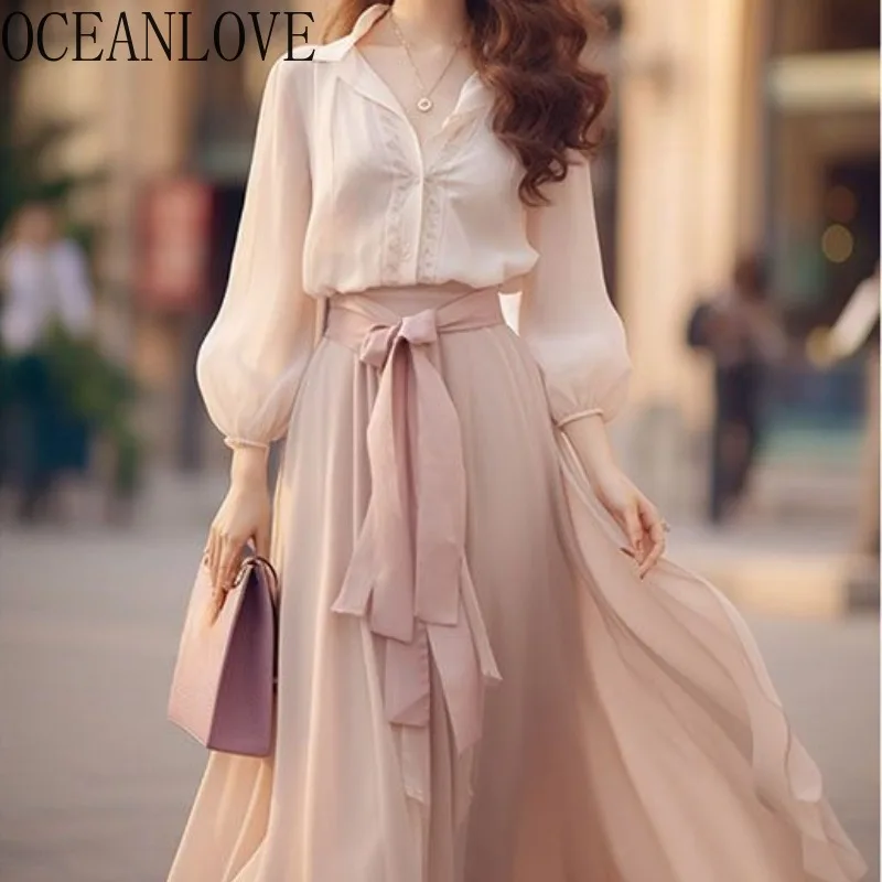 OCEANLOVE Spring Autumn 2 Piece Sets Women Outfit Bows Office Lady Sweet Skirts Set Korean Fashion Chic Conjuntos Para Vestir