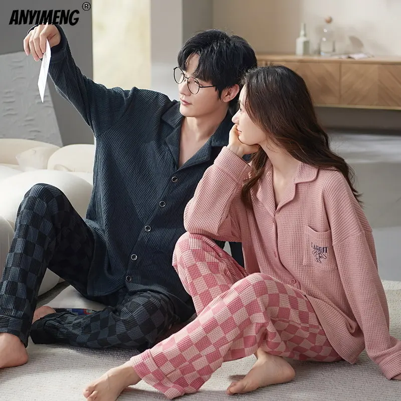 Waffle Cotton Sleepwear New Women Men Spring Autumn Couples Pajamas Set Lovers Nightgown Turn-down Collar Pijamas Home Clothes