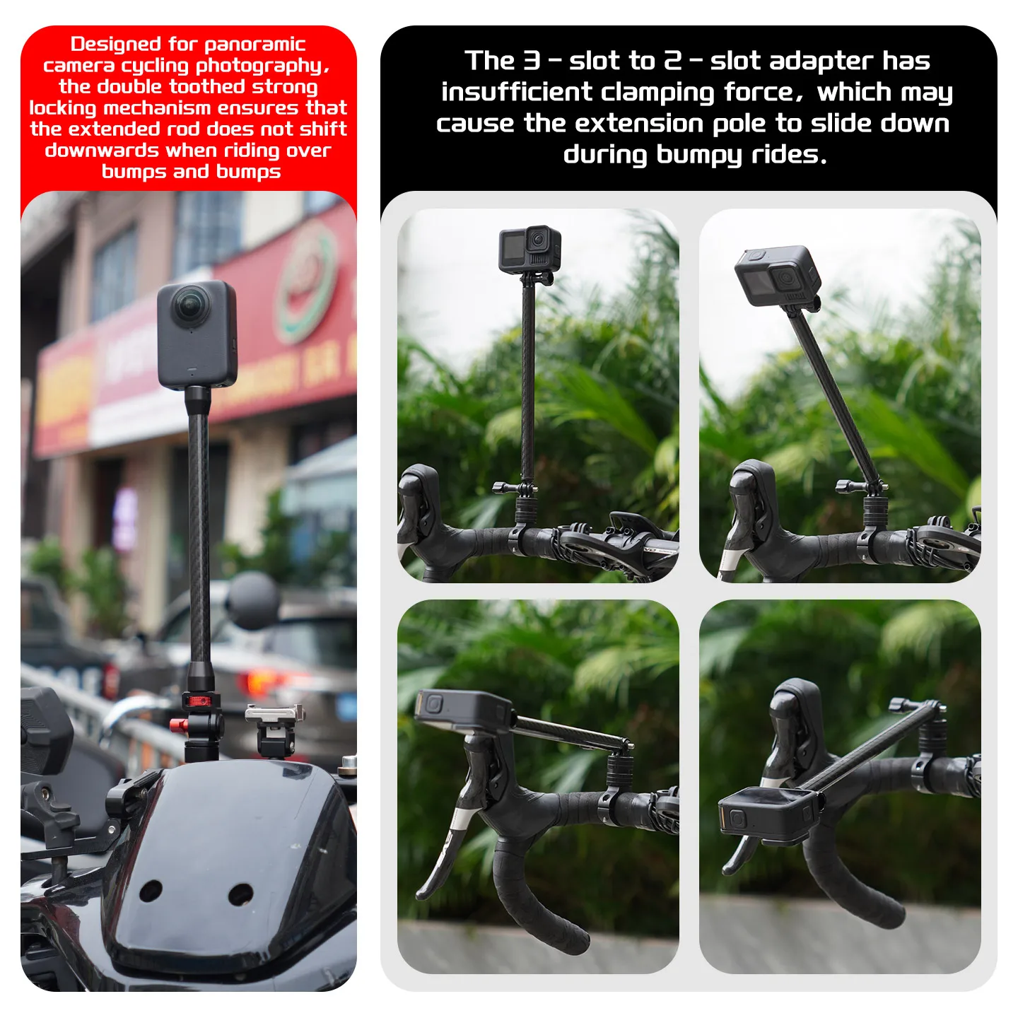 Doppelgängiges Verriegelungs-Kamerahalterung 180 ° 360° Neigung ° Drehbarer Aluminium-Kugelkopfhalter für GoPro, DJI, Insta360, Smartphone, Motorrad, Fahrrad – Detail 3
