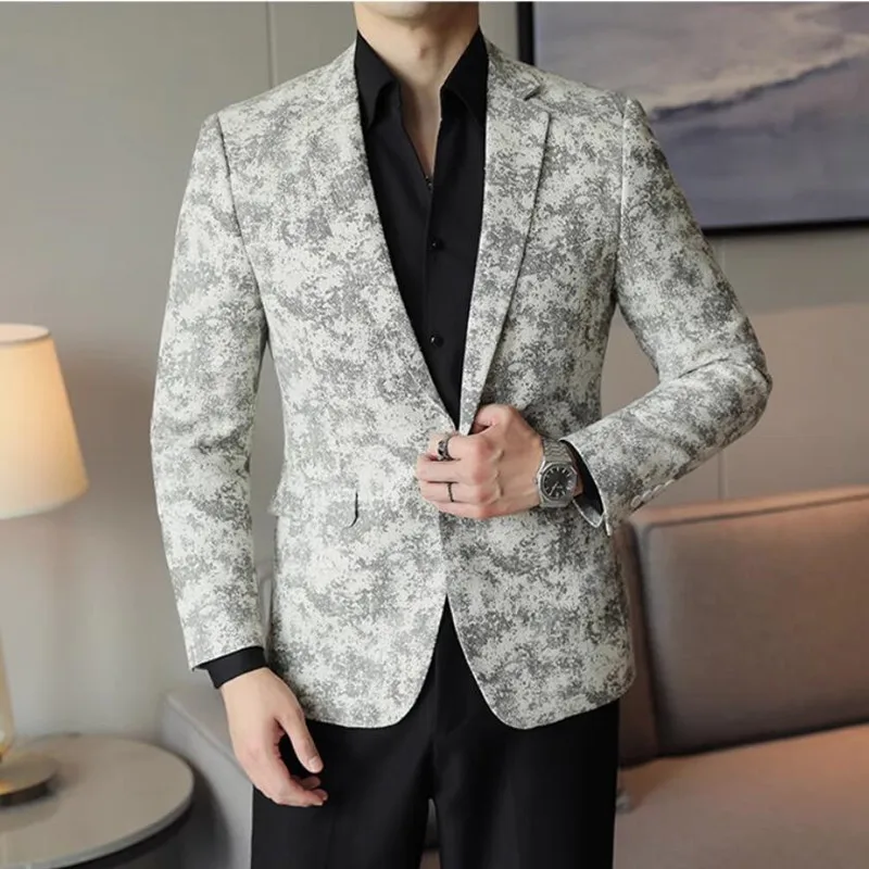 Men Blazer Fashion Autumn Winter Clothing Male Suit Jacket Printing Casual Slim Fit Tuxedo Fancy Party Singer Blazzer Coat 5XL-M