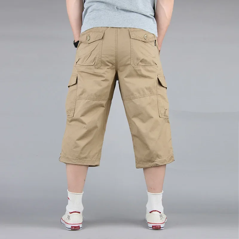 Summer Casual Long Length Cargo Shorts Men Cotton Multi Pocket Baggy Capri Hot Breeches Tactical Military Army Cropped Trousers