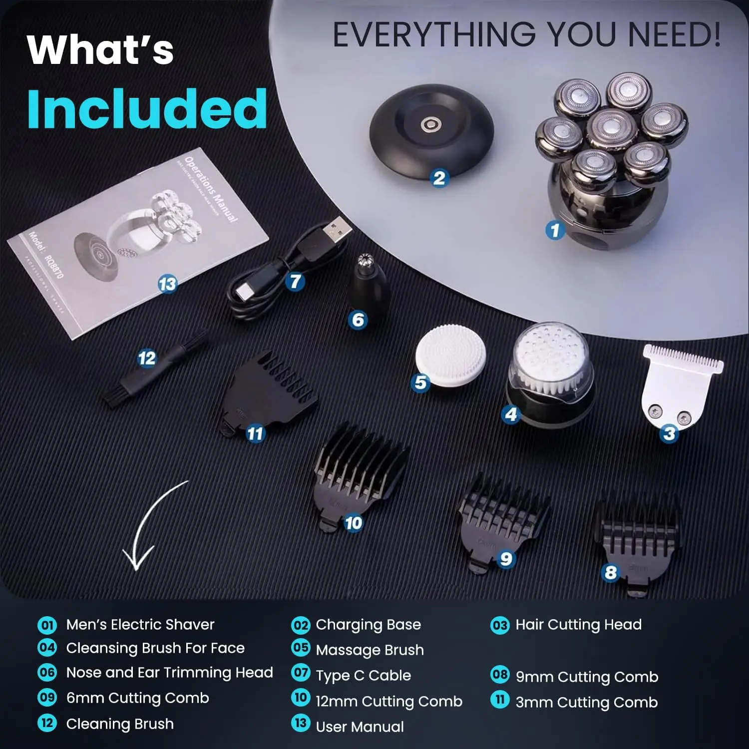 ماكينة حلاقة برأس عائمة 7D للرجال الأصلع 5 في 1 شاشة LED IPX6 مقاومة للماء ماكينة حلاقة على شكل جمجمة شحن لاسلكي ماكينة حلاقة الرأس الأصلع الرطب/الجاف